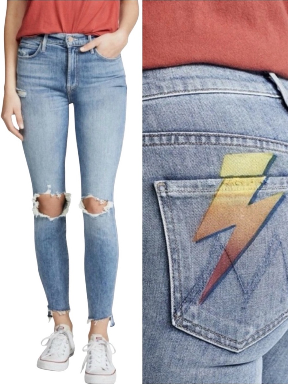 MOTHER Jeans Stunner Ankle Step Fray Helter Skelter Blue Size 24 Lightning Bolt